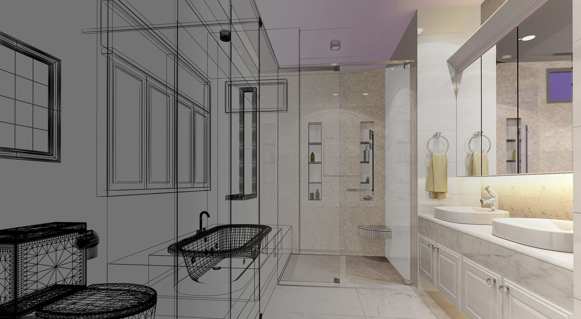 Ein konzeptioneller Badezimmerentwurf mit einer Badewanne, zwei Waschbecken und einer Dusche, dargestellt mit Drahtgitterumrissen und detaillierten Texturen